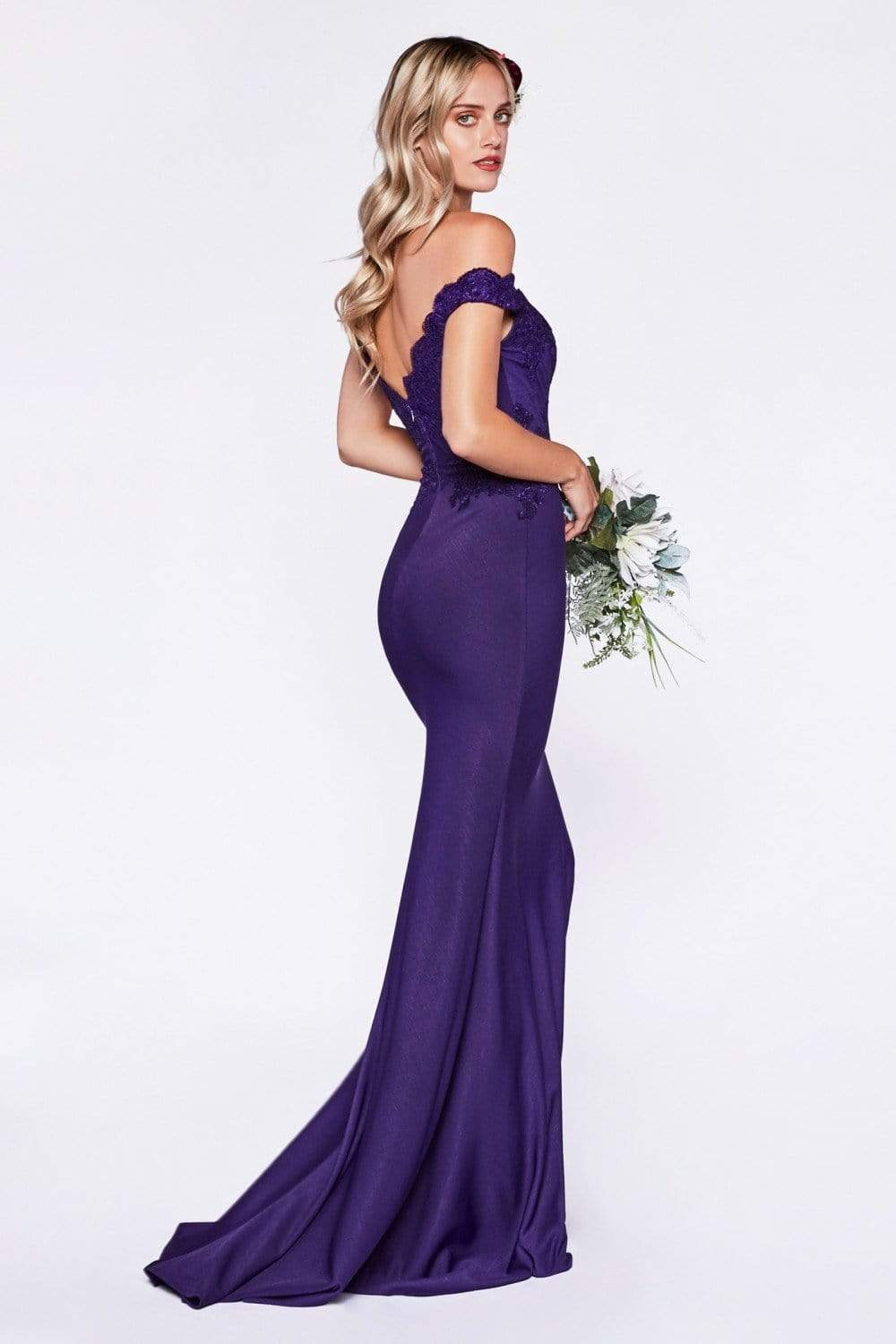 Off the Shoulder Fitted Gown with Lace Applique Details and Stretch Jersey