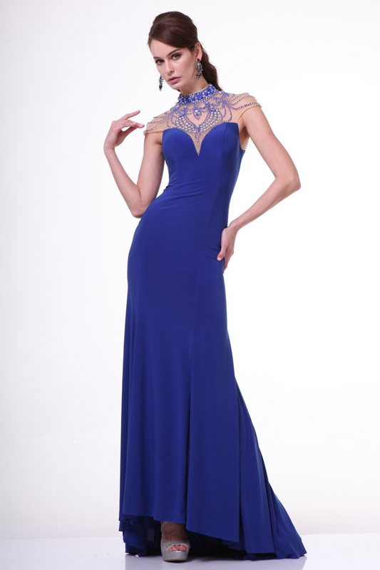 Fitted Beaded High Neck Cap Sleeves Fitted Gown