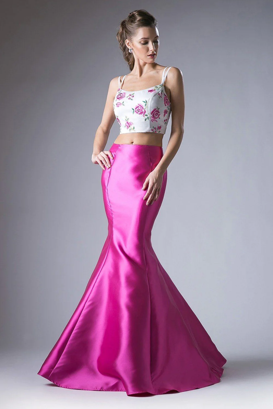 Flower Applique 2 Piece Satin Mermaid Gown