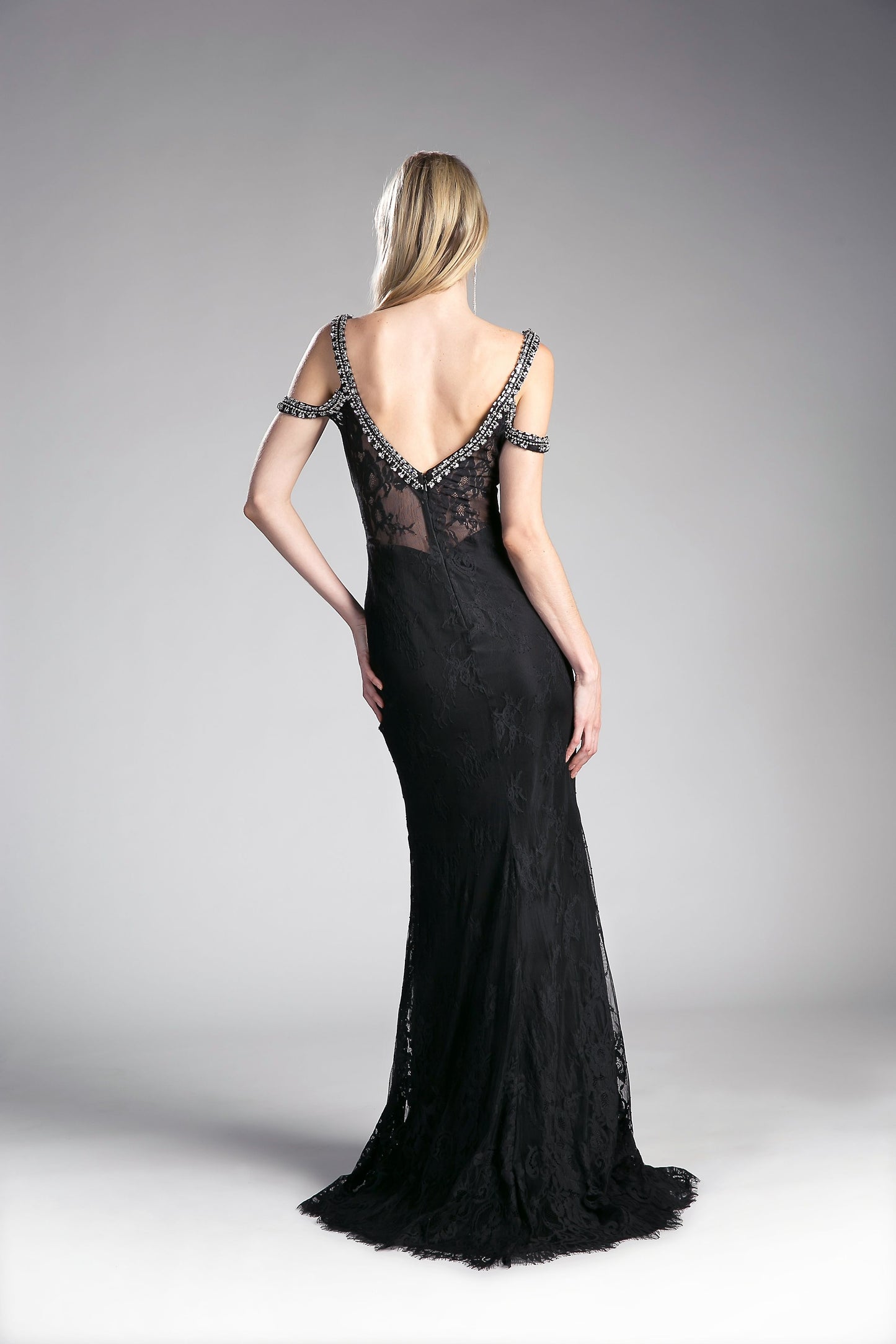 Fitted lace dress with beaded cold shoulder detail and sweetheart neackline.