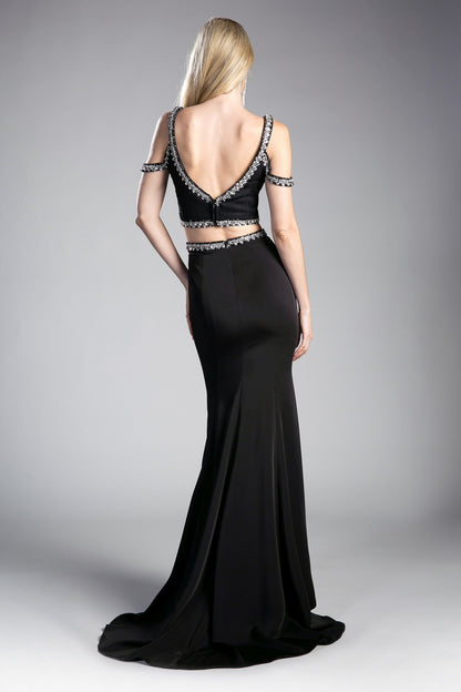 Two Piece Fitted Gown with Stretch Jersey and Beaded Details