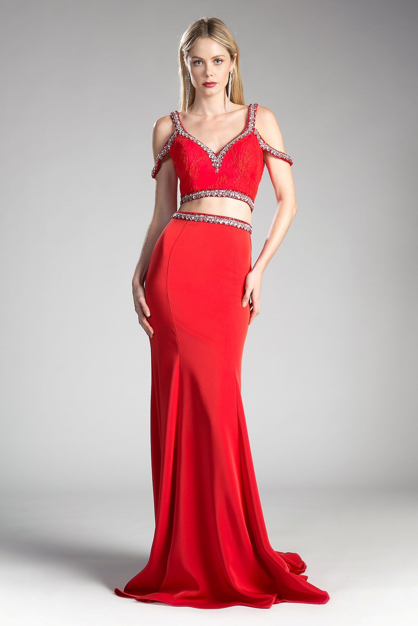 Two Piece Fitted Gown with Stretch Jersey and Beaded Details