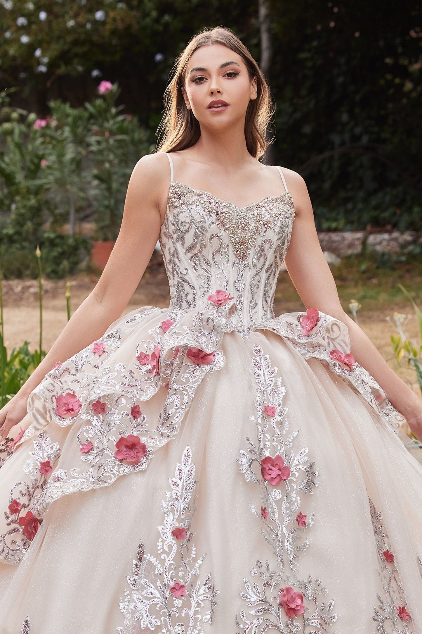 Layered Tulle Quince Ball Gown With Foral Applique
