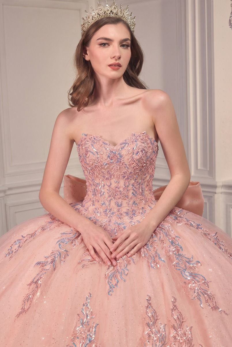 Strapless Layered Ball Gown With Bow Detail