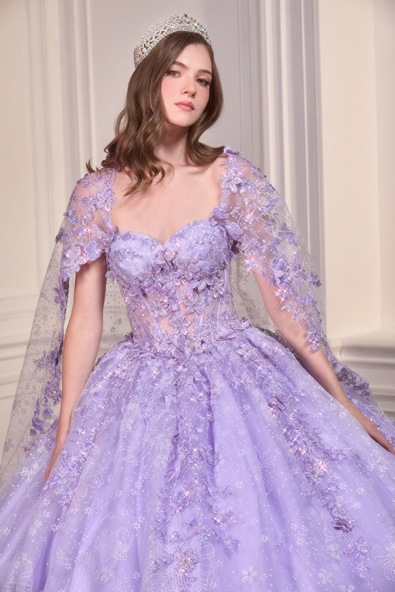 Floral Quinceanera Ball Gown With Cape