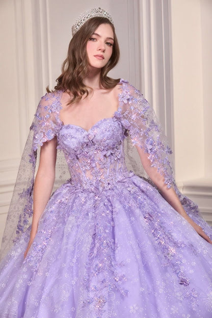 Floral Quinceanera Ball Gown With Cape