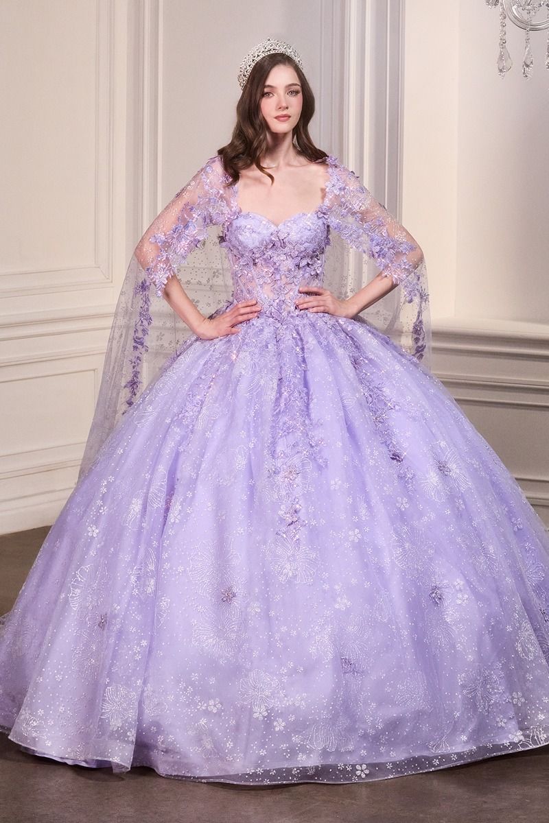 Floral Quinceanera Ball Gown With Cape