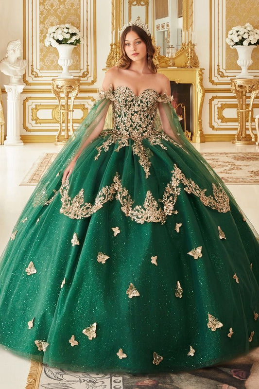 Strapless Layered Tulle Emerald Ball Gown