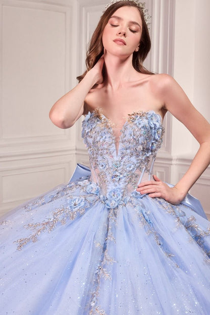 Strapless Sweetheart Floral Quinceañera Ball Gown with Satin Bow and Cathedral Train