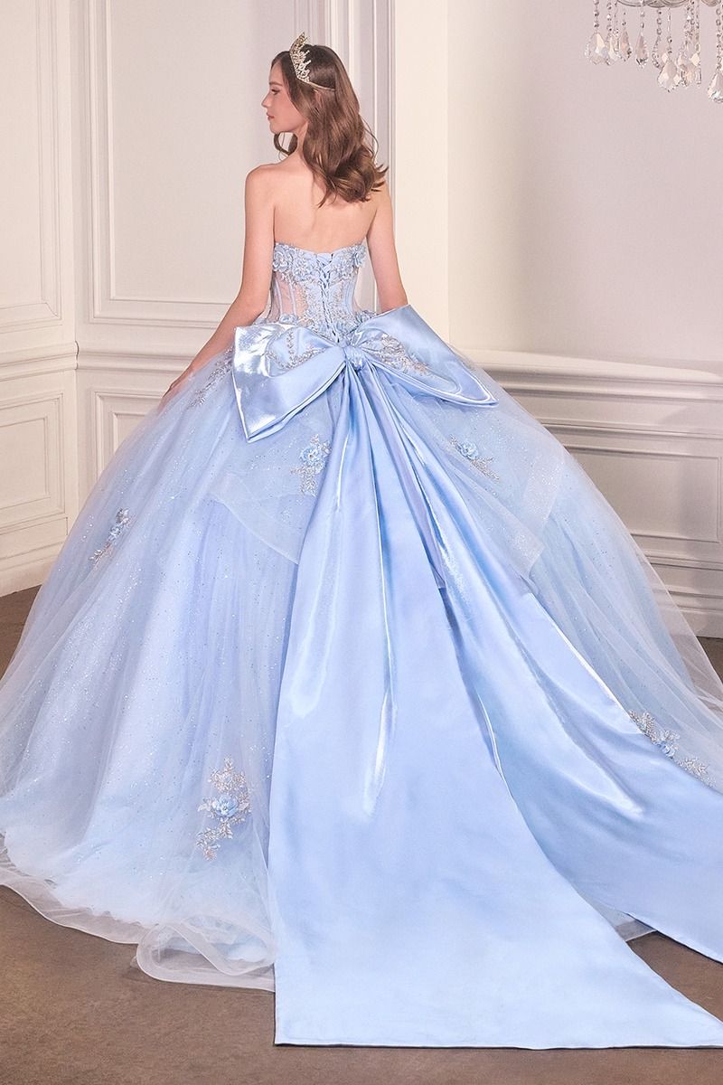 Strapless Sweetheart Floral Quinceañera Ball Gown with Satin Bow and Cathedral Train