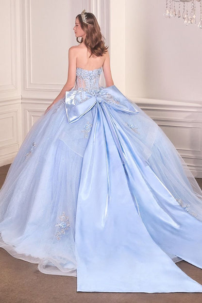 Strapless Sweetheart Floral Quinceañera Ball Gown with Satin Bow and Cathedral Train