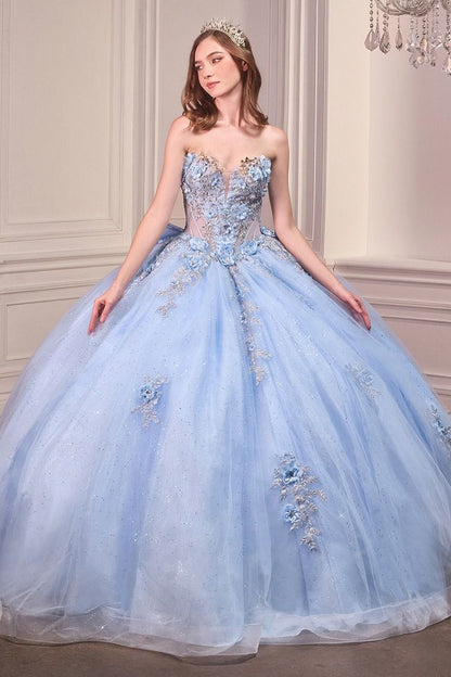 Strapless Sweetheart Floral Quinceañera Ball Gown with Satin Bow and Cathedral Train
