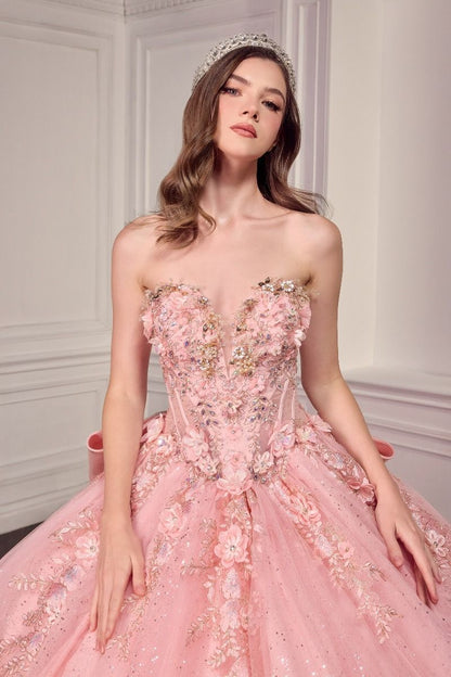 Strapless Sweetheart Floral Quinceañera Ball Gown with Satin Bow and Cathedral Train