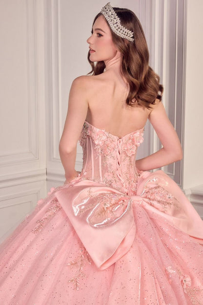 Strapless Sweetheart Floral Quinceañera Ball Gown with Satin Bow and Cathedral Train