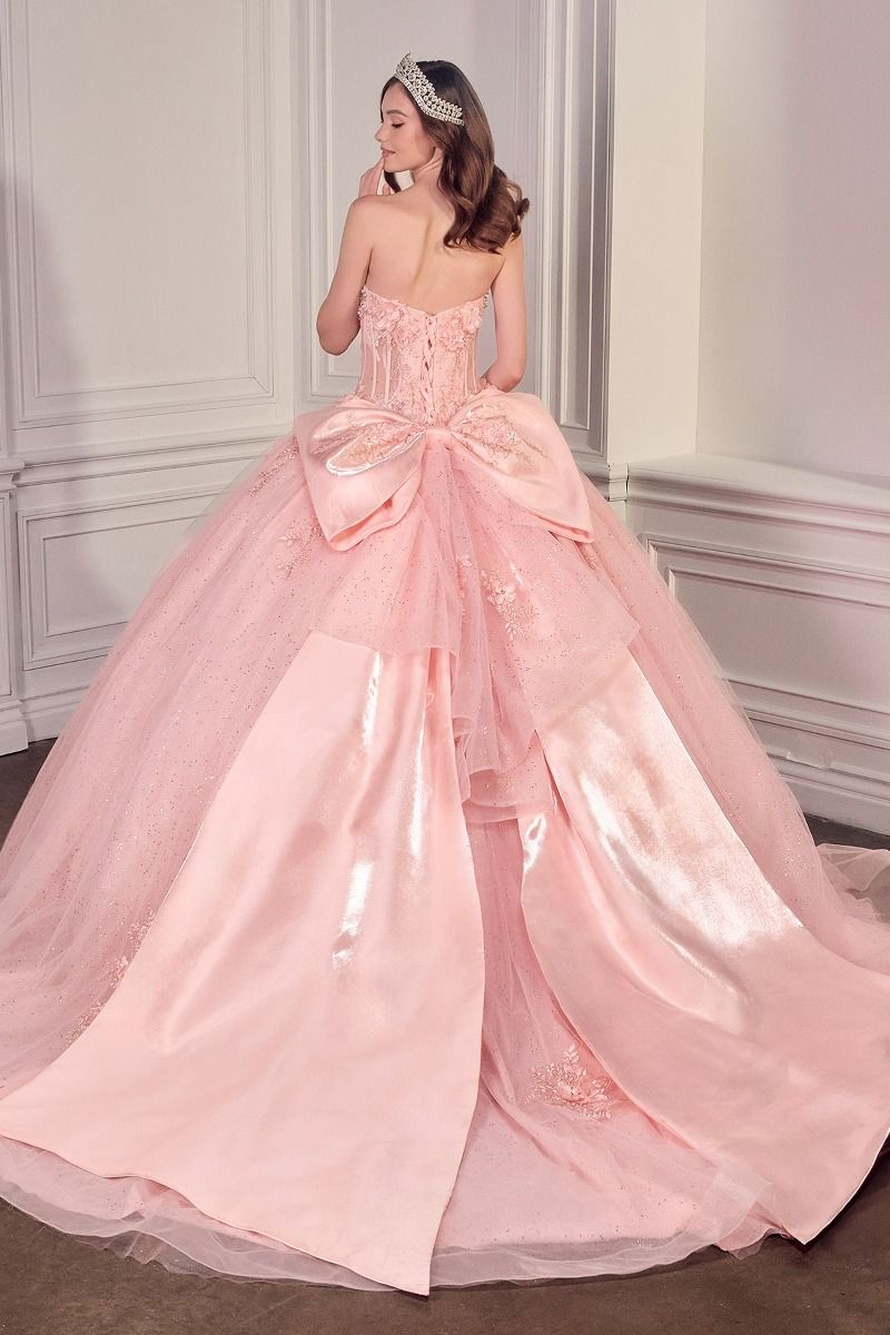 Strapless Sweetheart Floral Quinceañera Ball Gown with Satin Bow and Cathedral Train