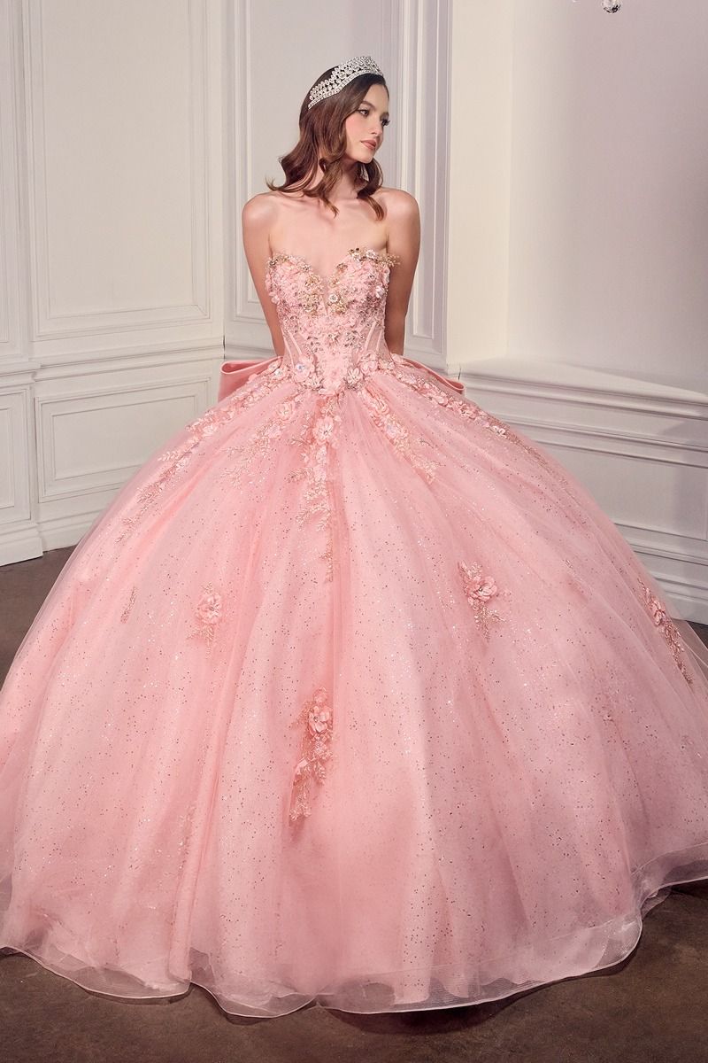 Strapless Sweetheart Floral Quinceañera Ball Gown with Satin Bow and Cathedral Train