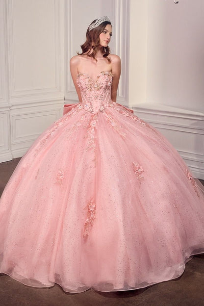 Strapless Sweetheart Floral Quinceañera Ball Gown with Satin Bow and Cathedral Train