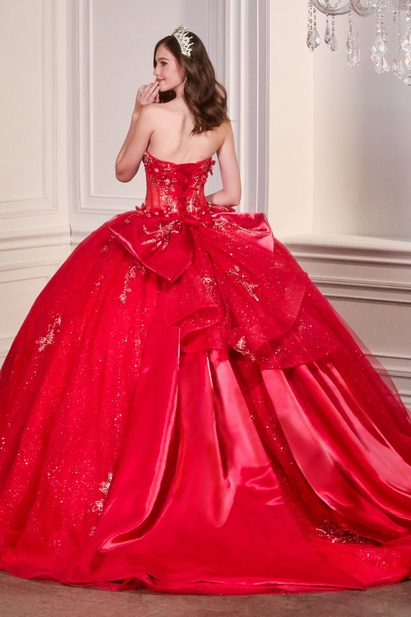 Strapless Sweetheart Floral Quinceañera Ball Gown with Satin Bow and Cathedral Train