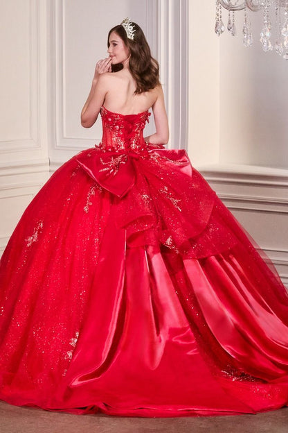 Strapless Sweetheart Floral Quinceañera Ball Gown with Satin Bow and Cathedral Train