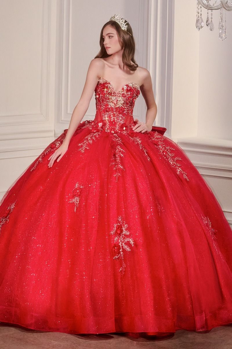 Strapless Sweetheart Floral Quinceañera Ball Gown with Satin Bow and Cathedral Train