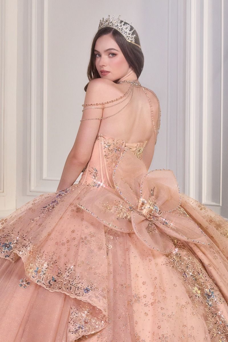 Sweetheart Embroidered Quinceañera Ball Gown with Crystal Shoulder Chains and Bow