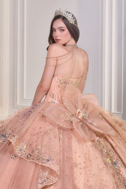 Sweetheart Embroidered Quinceañera Ball Gown with Crystal Shoulder Chains and Bow