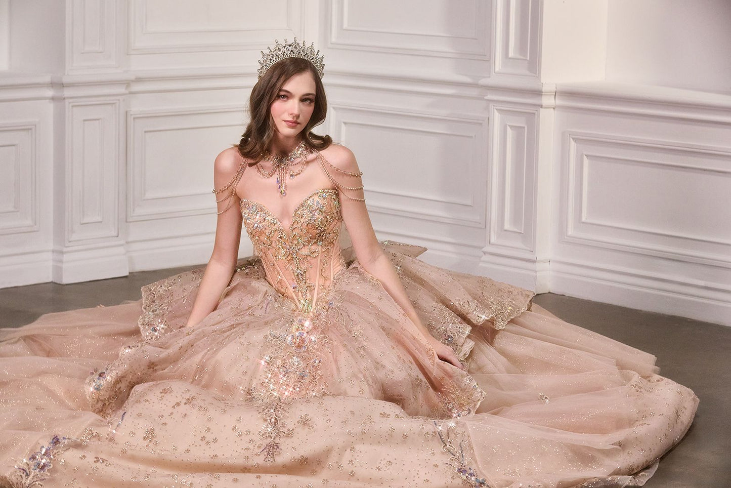 Sweetheart Embroidered Quinceañera Ball Gown with Crystal Shoulder Chains and Bow