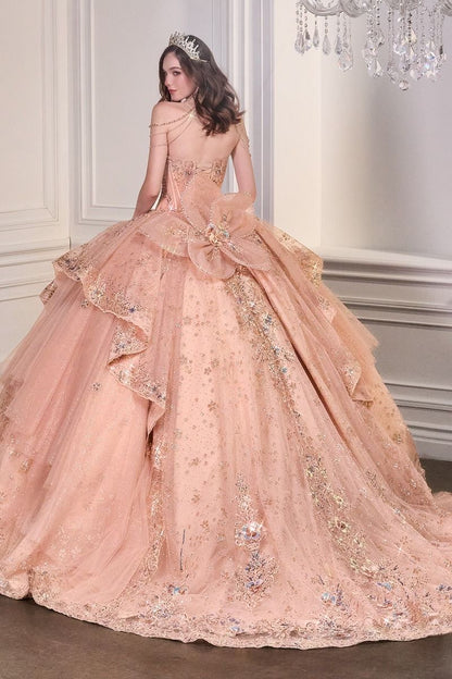 Sweetheart Embroidered Quinceañera Ball Gown with Crystal Shoulder Chains and Bow