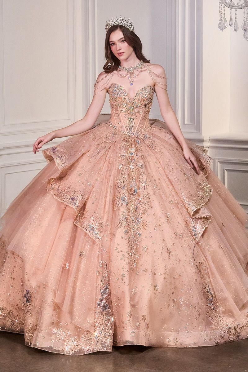 Sweetheart Embroidered Quinceañera Ball Gown with Crystal Shoulder Chains and Bow