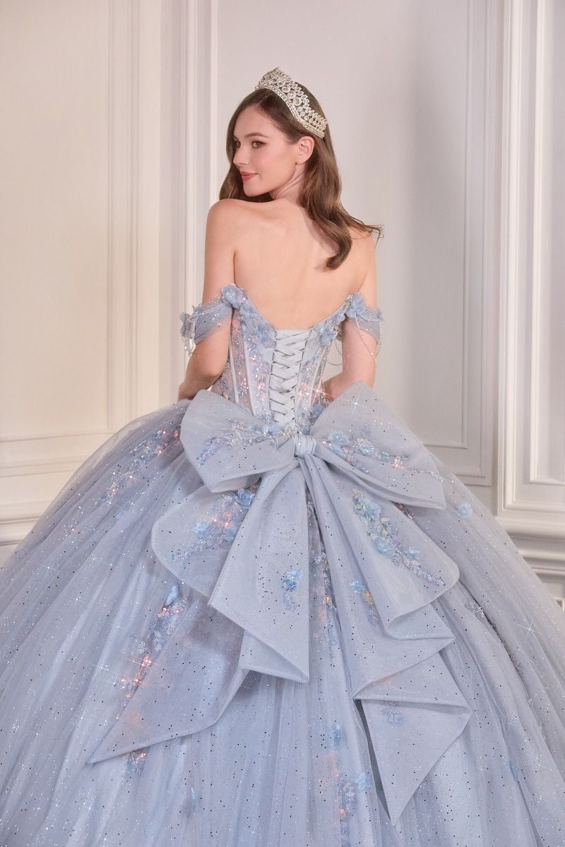 Off-Shoulder Floral Appliqué Quinceañera Ball Gown with Oversized Bow