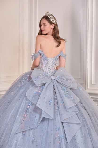 Off-Shoulder Floral Appliqué Quinceañera Ball Gown with Oversized Bow