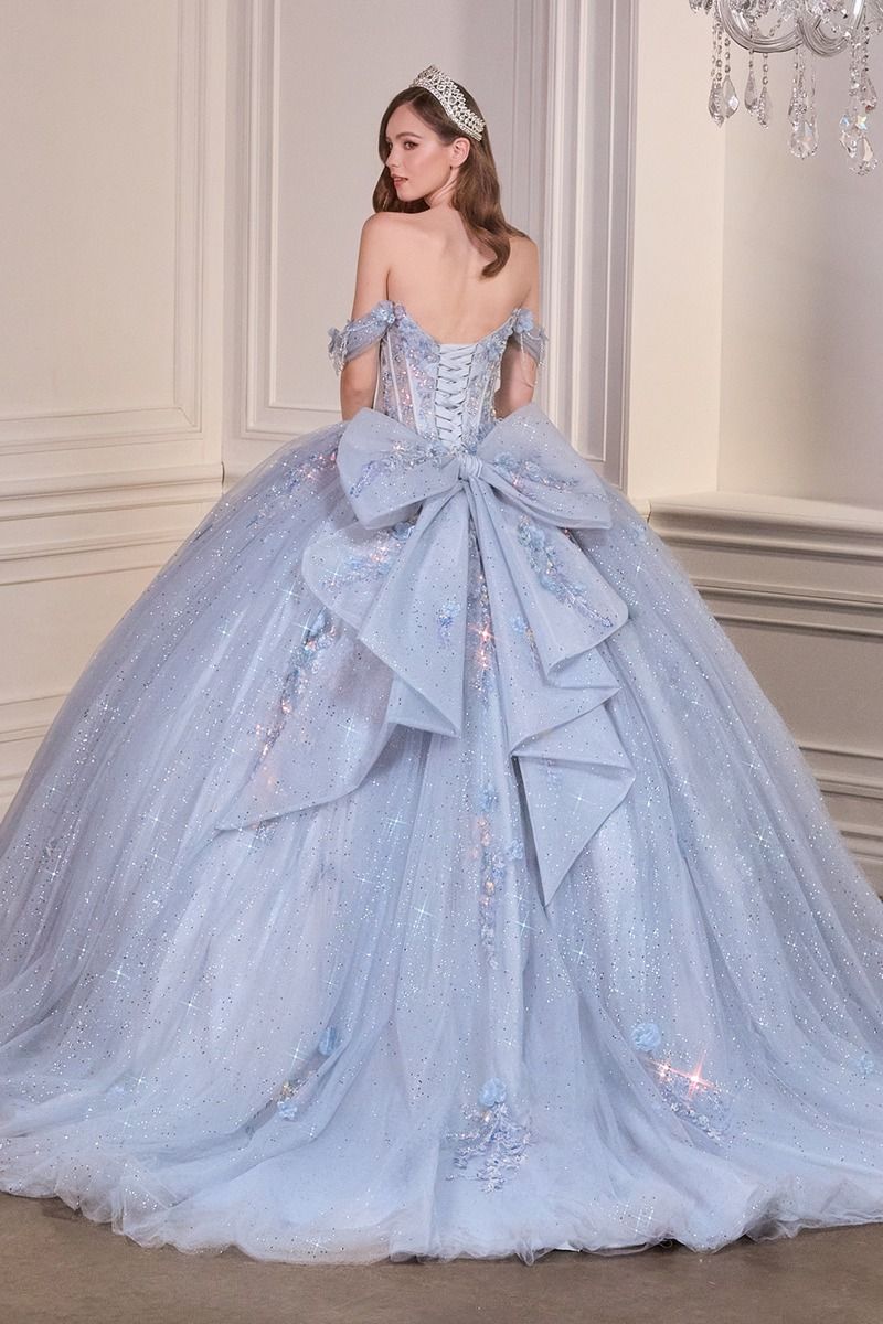 Off-Shoulder Floral Appliqué Quinceañera Ball Gown with Oversized Bow