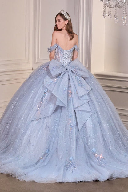 Off-Shoulder Floral Appliqué Quinceañera Ball Gown with Oversized Bow