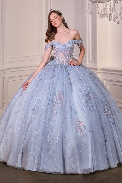 Off-Shoulder Floral Appliqué Quinceañera Ball Gown with Oversized Bow