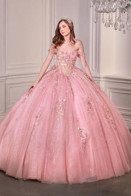 Off-Shoulder Floral Appliqué Quinceañera Ball Gown with Oversized Bow