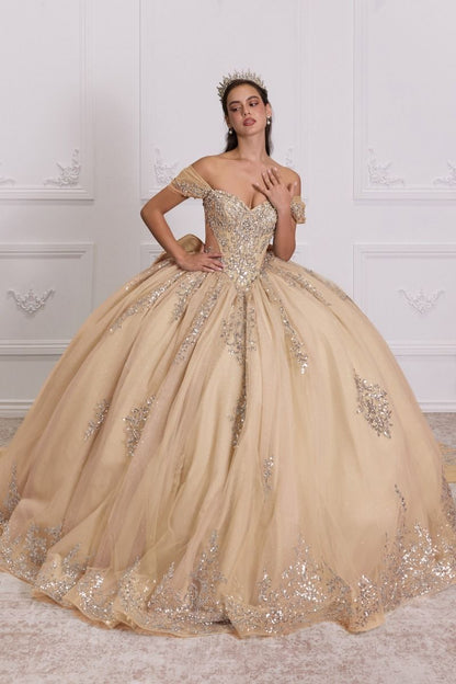 Regal Sweetheart Off-shoulder Ball Gown Quinceañera Dress With Crystal Corset & Glitter Tulle Skirt