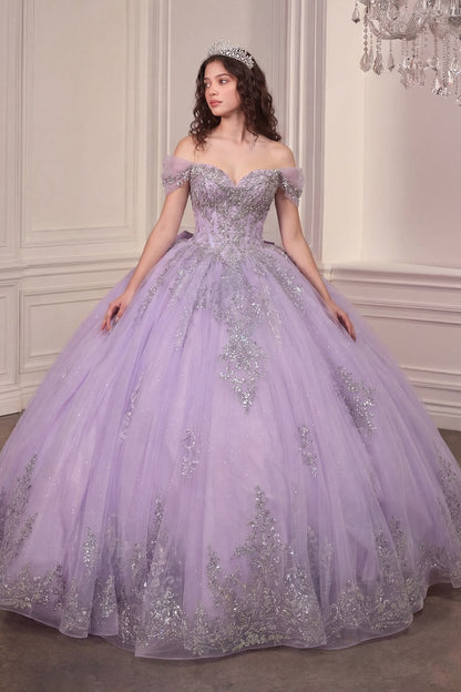 Regal Sweetheart Off-shoulder Ball Gown Quinceañera Dress With Crystal Corset & Glitter Tulle Skirt