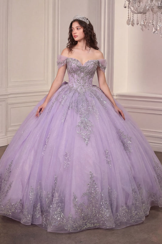 Regal Sweetheart Off-shoulder Ball Gown Quinceañera Dress With Crystal Corset & Glitter Tulle Skirt