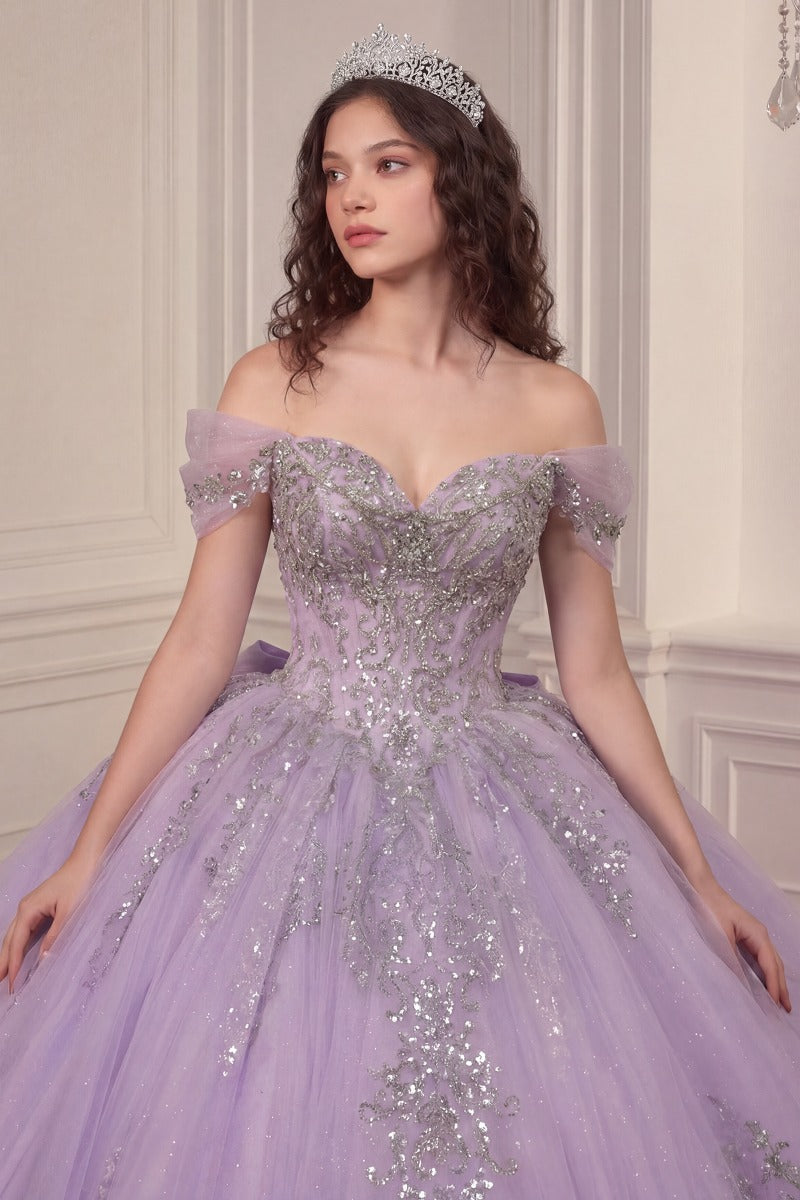 Regal Sweetheart Off-shoulder Ball Gown Quinceañera Dress With Crystal Corset & Glitter Tulle Skirt
