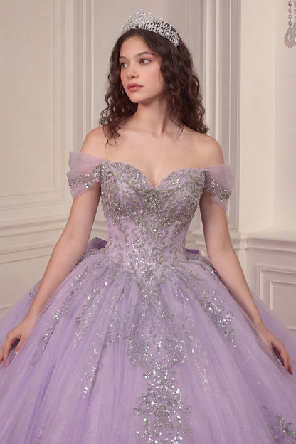 Regal Sweetheart Off-shoulder Ball Gown Quinceañera Dress With Crystal Corset & Glitter Tulle Skirt