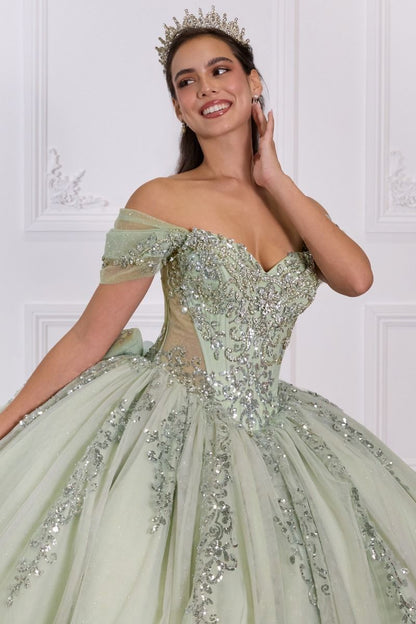 Regal Sweetheart Off-shoulder Ball Gown Quinceañera Dress With Crystal Corset & Glitter Tulle Skirt