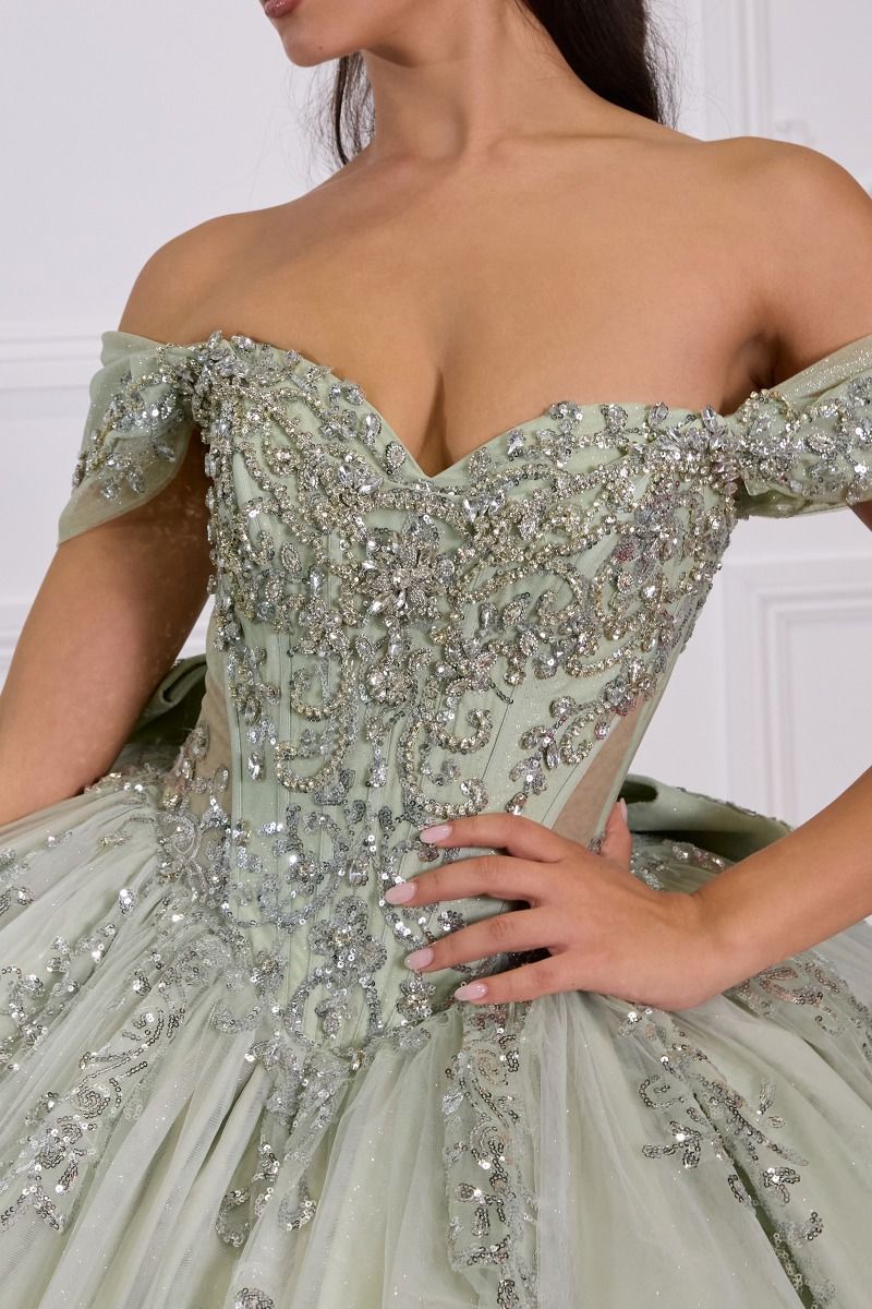 Regal Sweetheart Off-shoulder Ball Gown Quinceañera Dress With Crystal Corset & Glitter Tulle Skirt