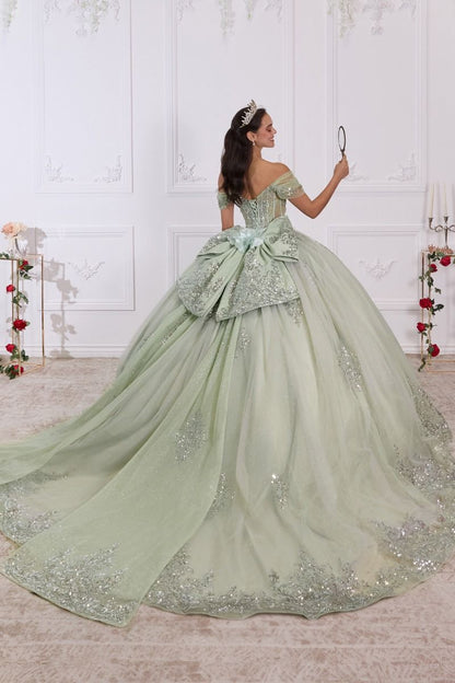 Regal Sweetheart Off-shoulder Ball Gown Quinceañera Dress With Crystal Corset & Glitter Tulle Skirt