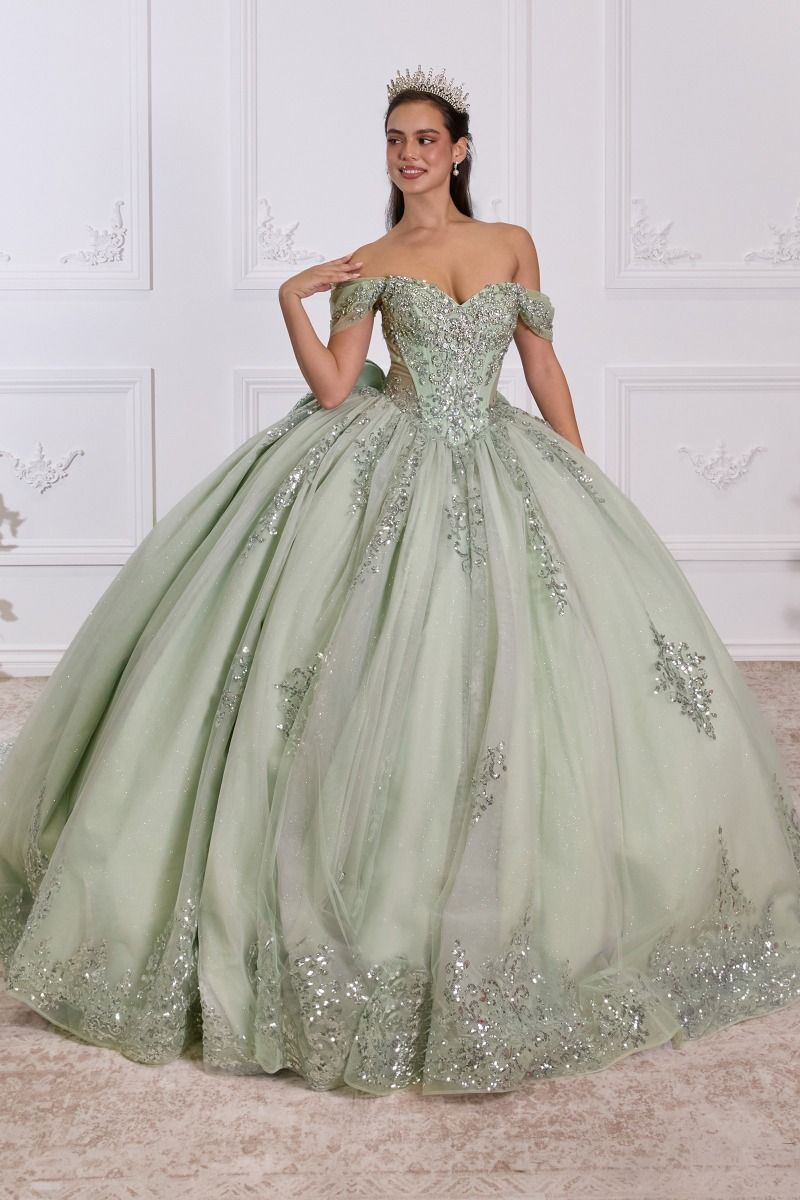 Regal Sweetheart Off-shoulder Ball Gown Quinceañera Dress With Crystal Corset & Glitter Tulle Skirt