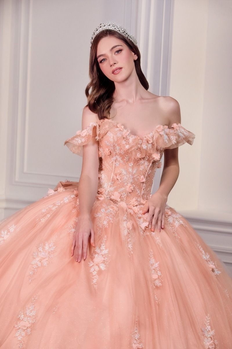 Blush Pink Off-Shoulder Floral Quinceañera Ball Gown with Oversized Bow