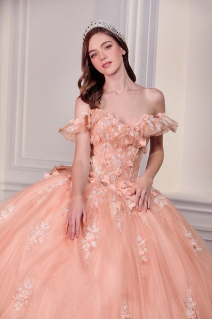 Blush Pink Off-Shoulder Floral Quinceañera Ball Gown with Oversized Bow