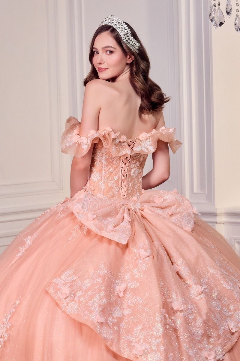 Blush Pink Off-Shoulder Floral Quinceañera Ball Gown with Oversized Bow