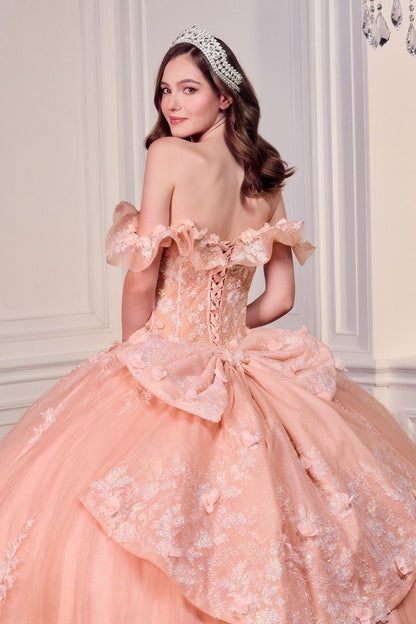 Blush Pink Off-Shoulder Floral Quinceañera Ball Gown with Oversized Bow