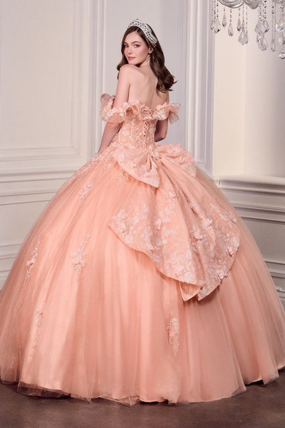 Blush Pink Off-Shoulder Floral Quinceañera Ball Gown with Oversized Bow