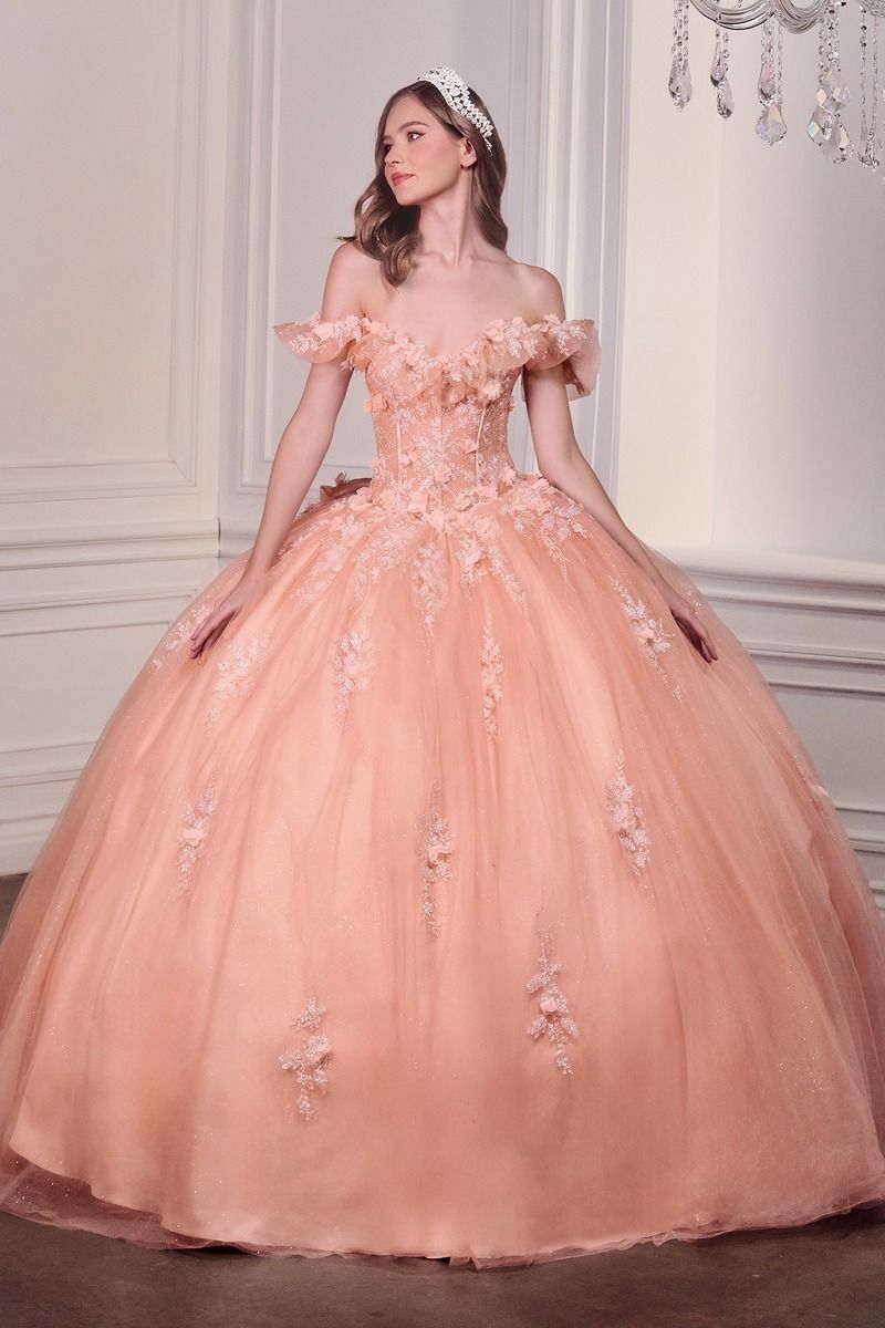 Blush Pink Off-Shoulder Floral Quinceañera Ball Gown with Oversized Bow